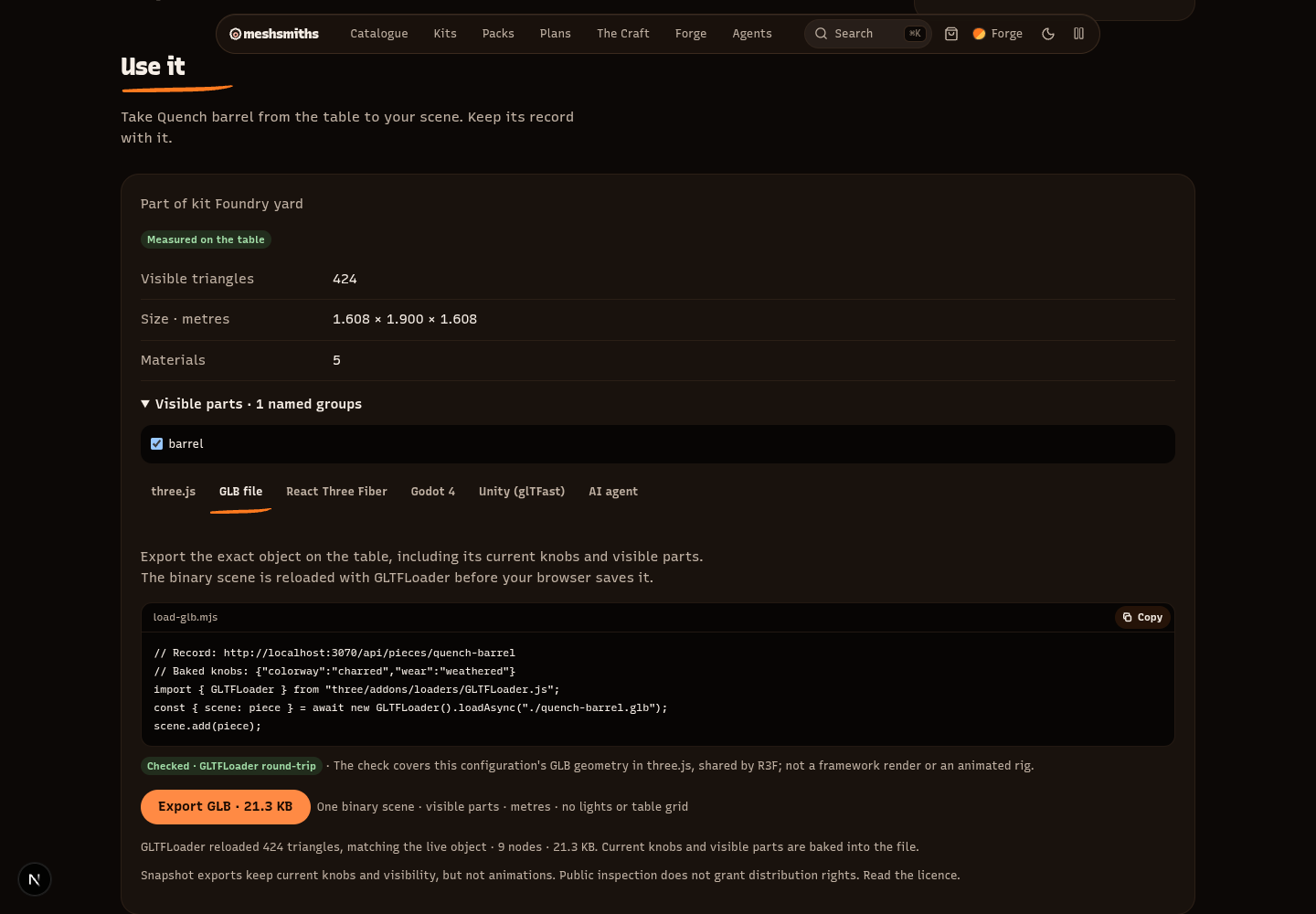 Our Quench barrel preview and Use it panel from existing browser export proof.