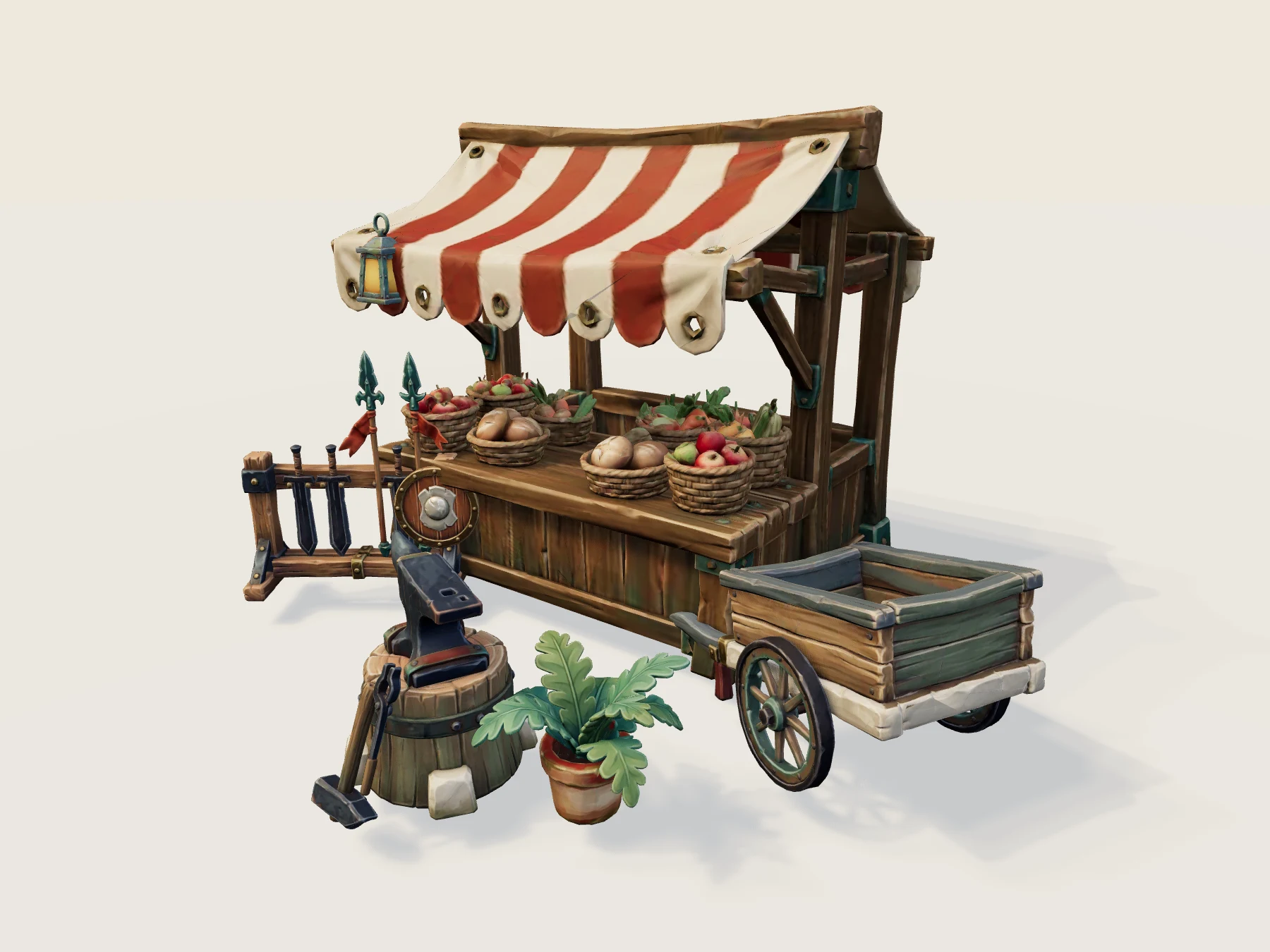 An artisan’s market stall: canopy and hanging lantern above an anvil, weapon rack, hand cart and potted greenery, on a charcoal plinth.
